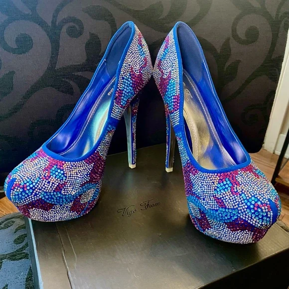 Stiletto Platform Heels Size 10 Royal Blue With Multicolored Rhinestones